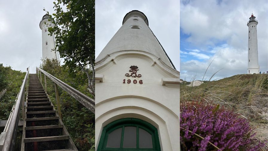 Lyngvig Fyr mit Treppenaufgang und blühender Heide in den Dünen an Dänemarks Westküste