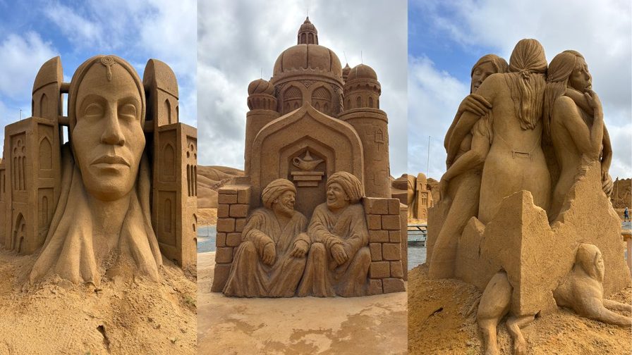 Detailreiche Sandskulpturen zum Thema 1001 Nacht beim Sandskulpturenfestival in Søndervig