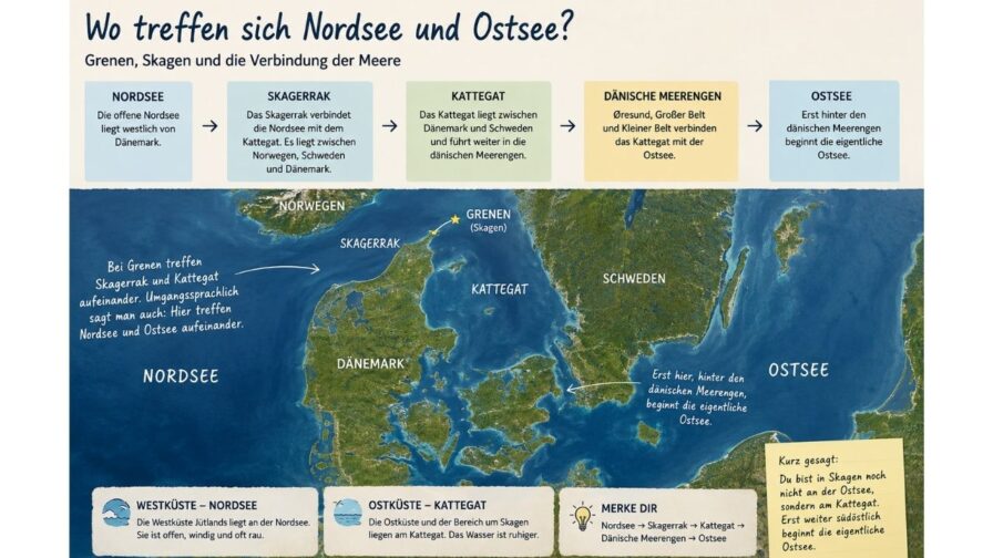 Karte zur Verbindung von Nordsee und Ostsee über Skagerrak, Kattegat und die dänischen Meerengen mit Grenen bei Skagen
