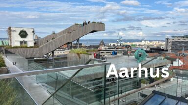 Blick vom Salling Rooftop über die Dächer von Aarhus bis zum Hafen