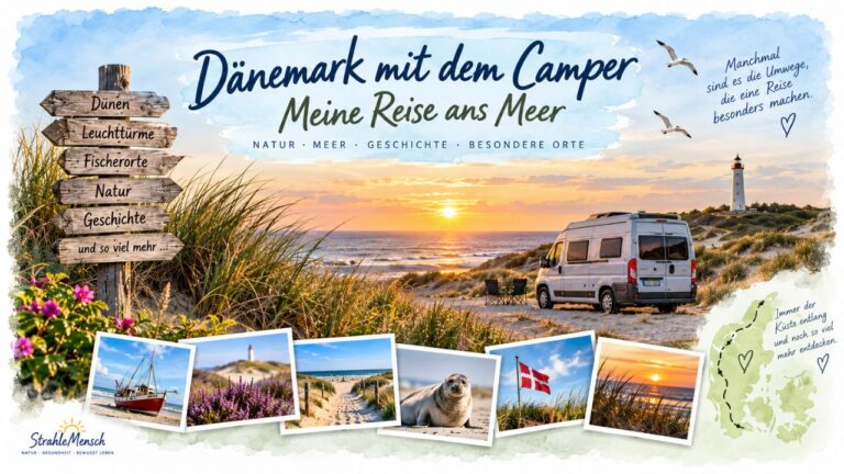 Dänemarkreise mit dem Camper an der Nordseeküste mit Dünen, Leuchtturm, Meer und Sonnenuntergang