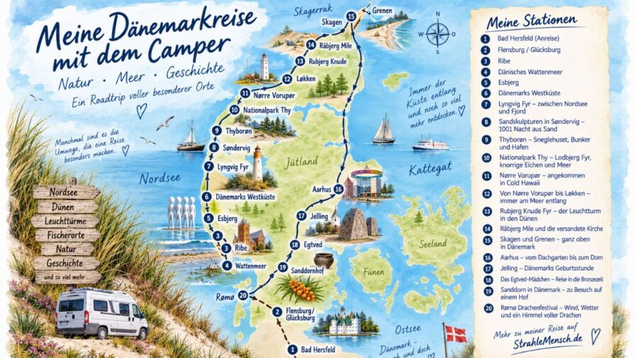 Illustrierte Karte meiner Dänemarkreise mit dem Camper mit Route entlang der Westküste bis Skagen und über Aarhus, Jelling, Egtved und Rømø