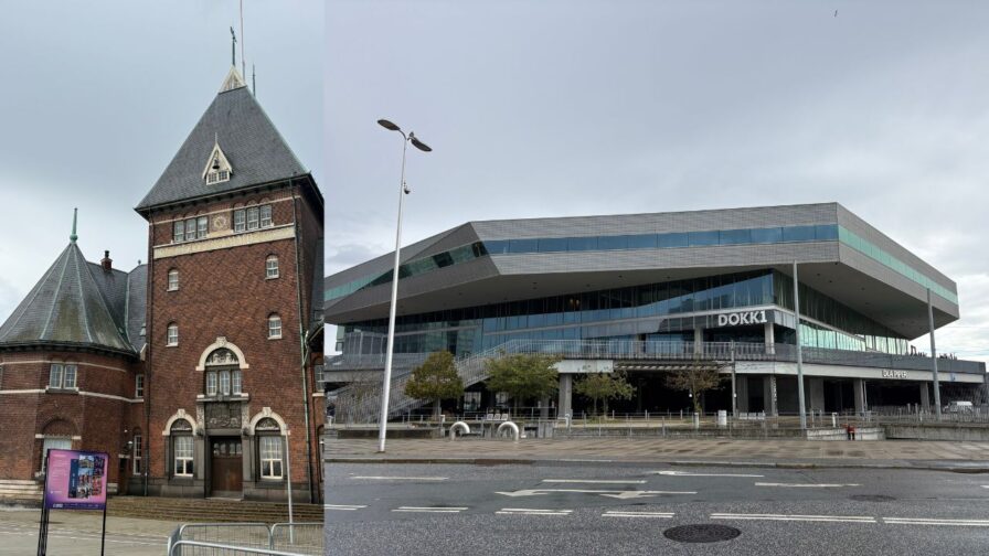 Dokk1 am Hafen von Aarhus mit moderner Architektur und historischem Backsteingebäude