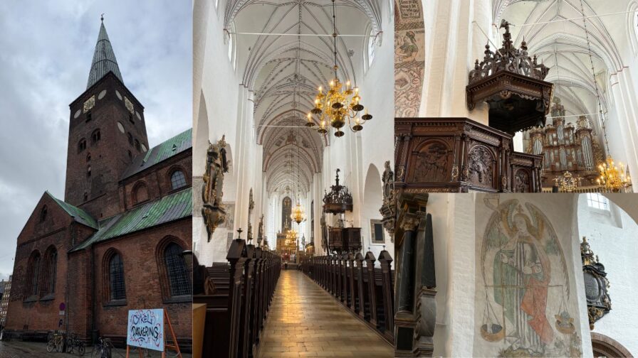 Aarhus Dom mit Backsteinfassade, Kirchenschiff, Kanzel und historischen Wandmalereien