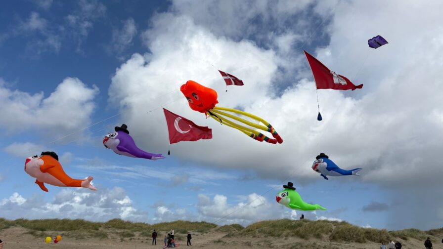 Bunte Figuren- und Oktopusdrachen über den Dünen beim Rømø Drachenfestival am Strand von Lakolk