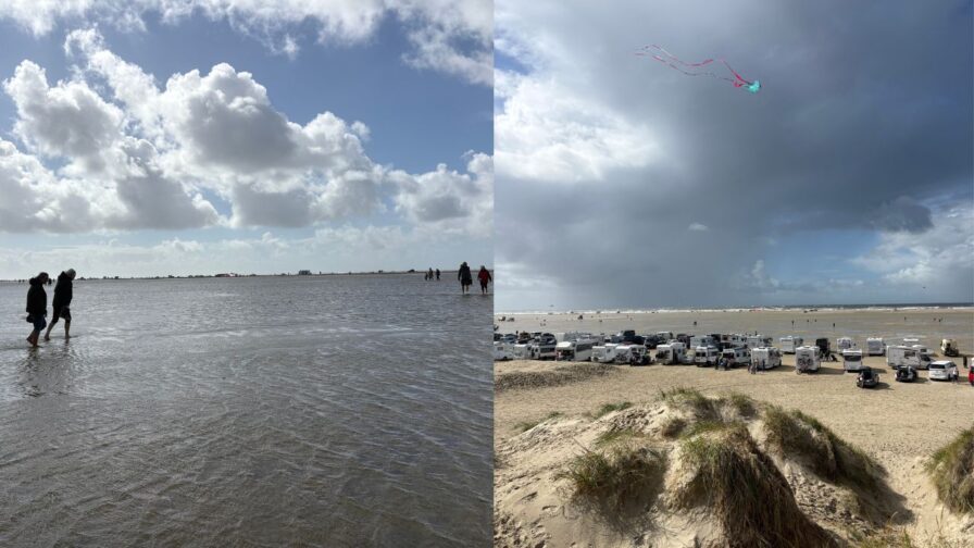 Collage vom Strand von Lakolk auf Rømø mit Wasser auf dem breiten Sandstrand und Campern hinter den Dünen