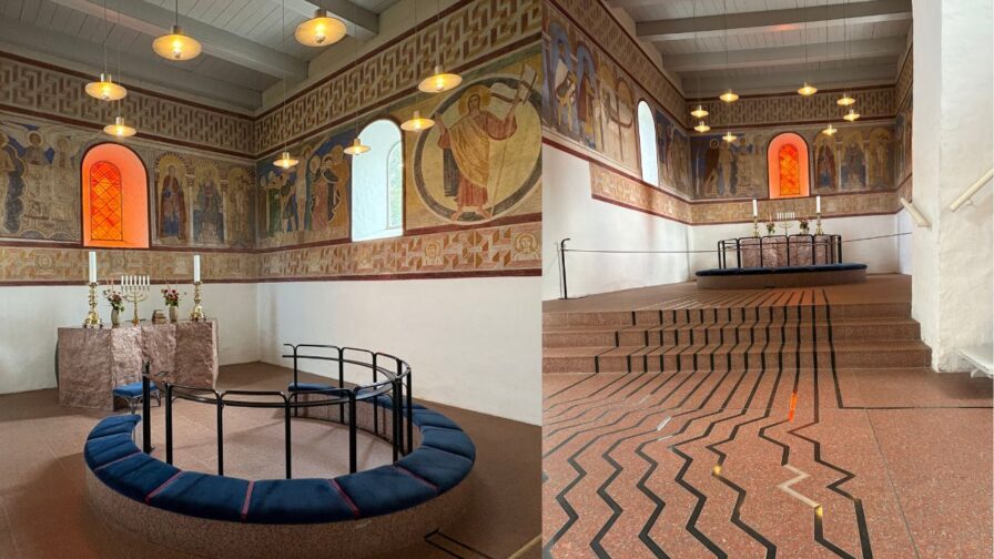 Innenraum der Kirche von Jelling mit Bodenmarkierung über der vermuteten Grabkammer von König Gorm